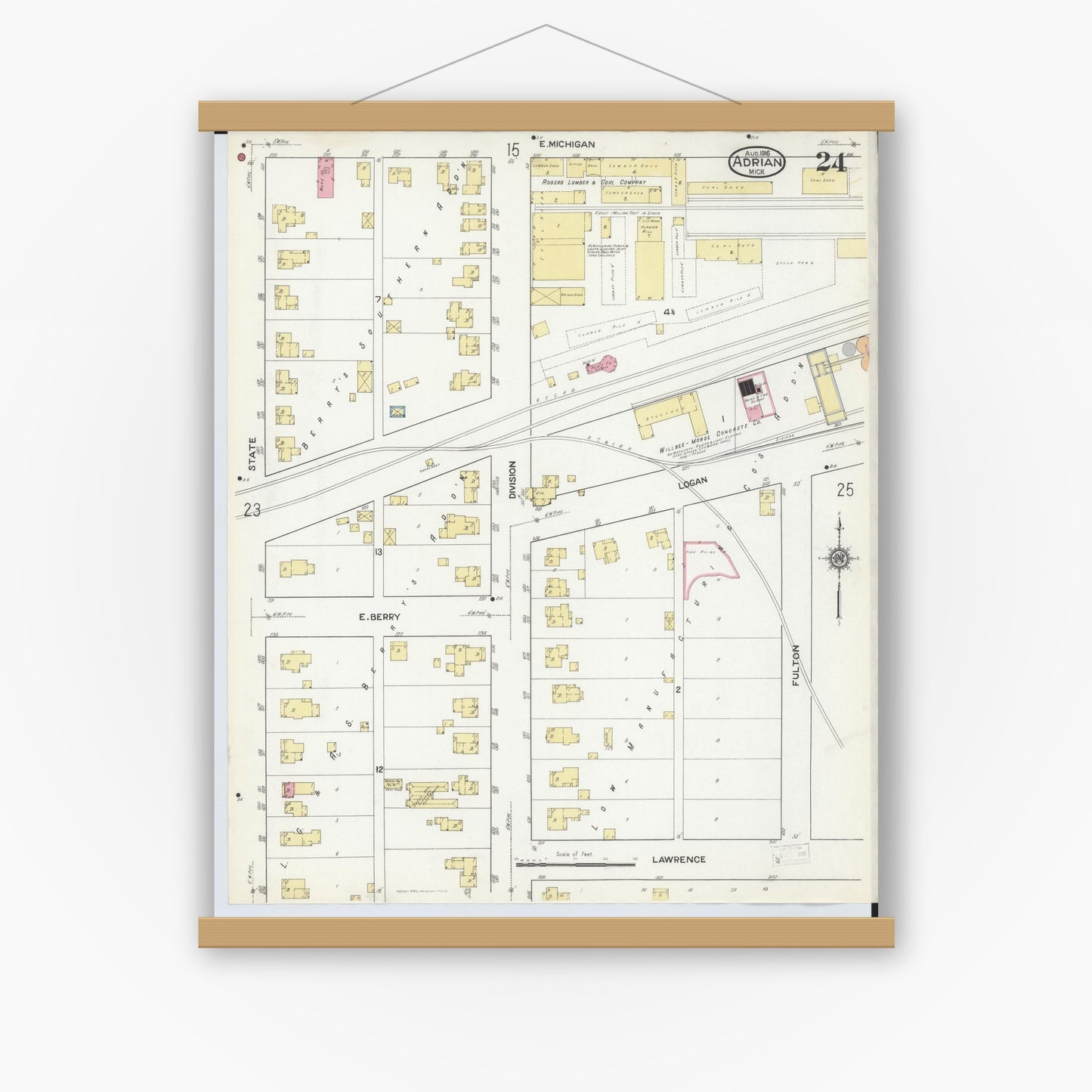Old map wall art mockup — magnetic wood frame on white wall — Sanborn Fire Insurance Map from Adrian, Lenawee County, Michigan (1916), Sheet #0024
