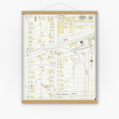 Old map wall art mockup — magnetic wood frame on white wall — Sanborn Fire Insurance Map from Adrian, Lenawee County, Michigan (1916), Sheet #0024