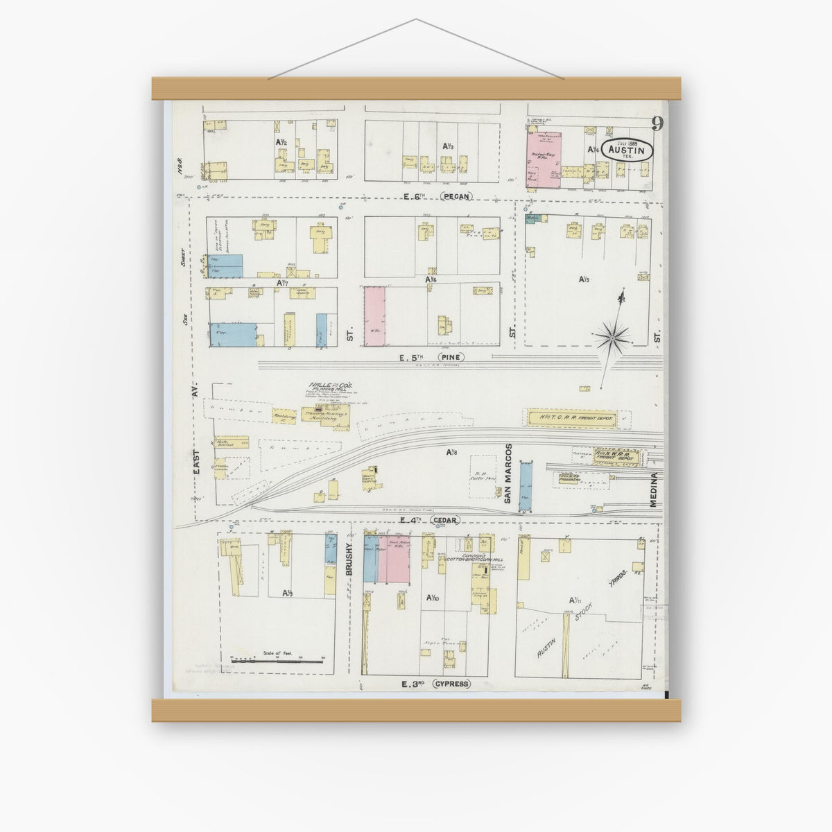 Old map wall art mockup — magnetic wood frame on white wall — Sanborn Fire Insurance Map from Austin, Travis County, Texas (1889), Sheet #0009
