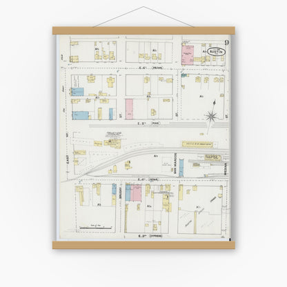 Old map wall art mockup — magnetic wood frame on white wall — Sanborn Fire Insurance Map from Austin, Travis County, Texas (1889), Sheet #0009
