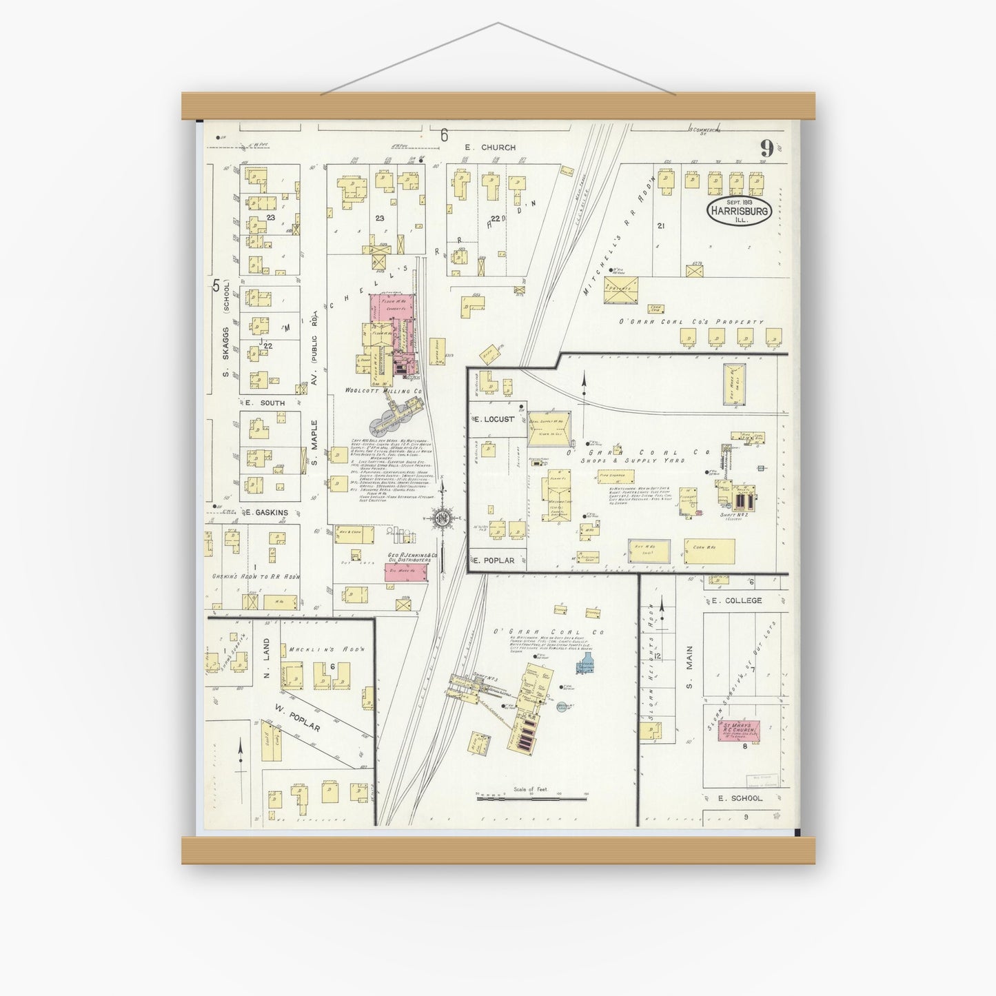 Old map wall art mockup — magnetic wood frame on white wall — Sanborn Fire Insurance Map from Harrisburg, Saline County, Illinois (1913), Sheet #0009