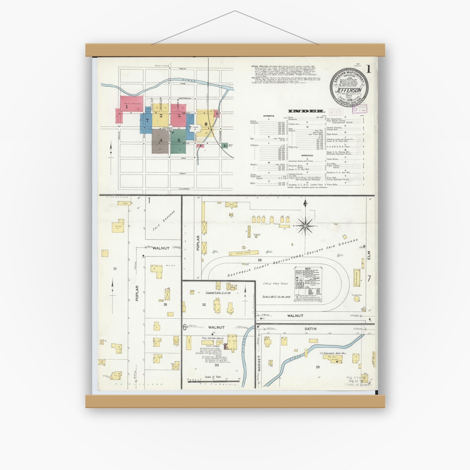 Old map wall art mockup — magnetic wood frame on white wall — Sanborn Fire Insurance Map from Jefferson, Ashtabula County, Ohio (1909) - Complete Map Set