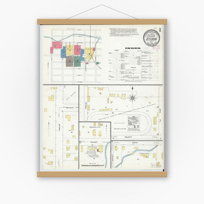 Old map wall art mockup — magnetic wood frame on white wall — Sanborn Fire Insurance Map from Jefferson, Ashtabula County, Ohio (1909) - Complete Map Set