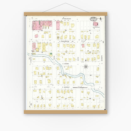 Old map wall art mockup — magnetic wood frame on white wall — Sanborn Fire Insurance Map from Red Oak, Montgomery County, Iowa (1908), Sheet #0004