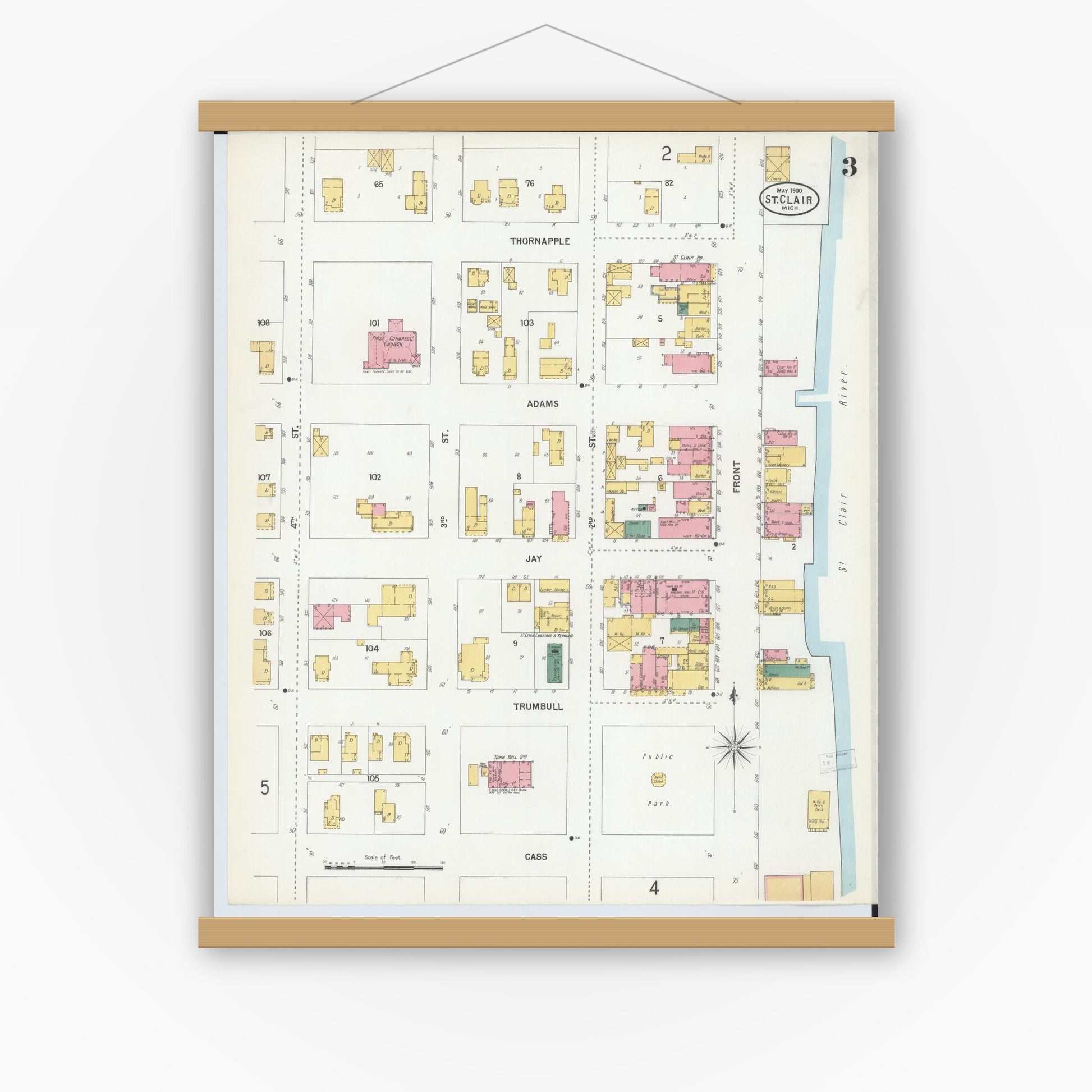 Old map wall art mockup — magnetic wood frame on white wall — Sanborn Fire Insurance Map from Saint Clair, Saint Clair County, Michigan (1900), Sheet #0003