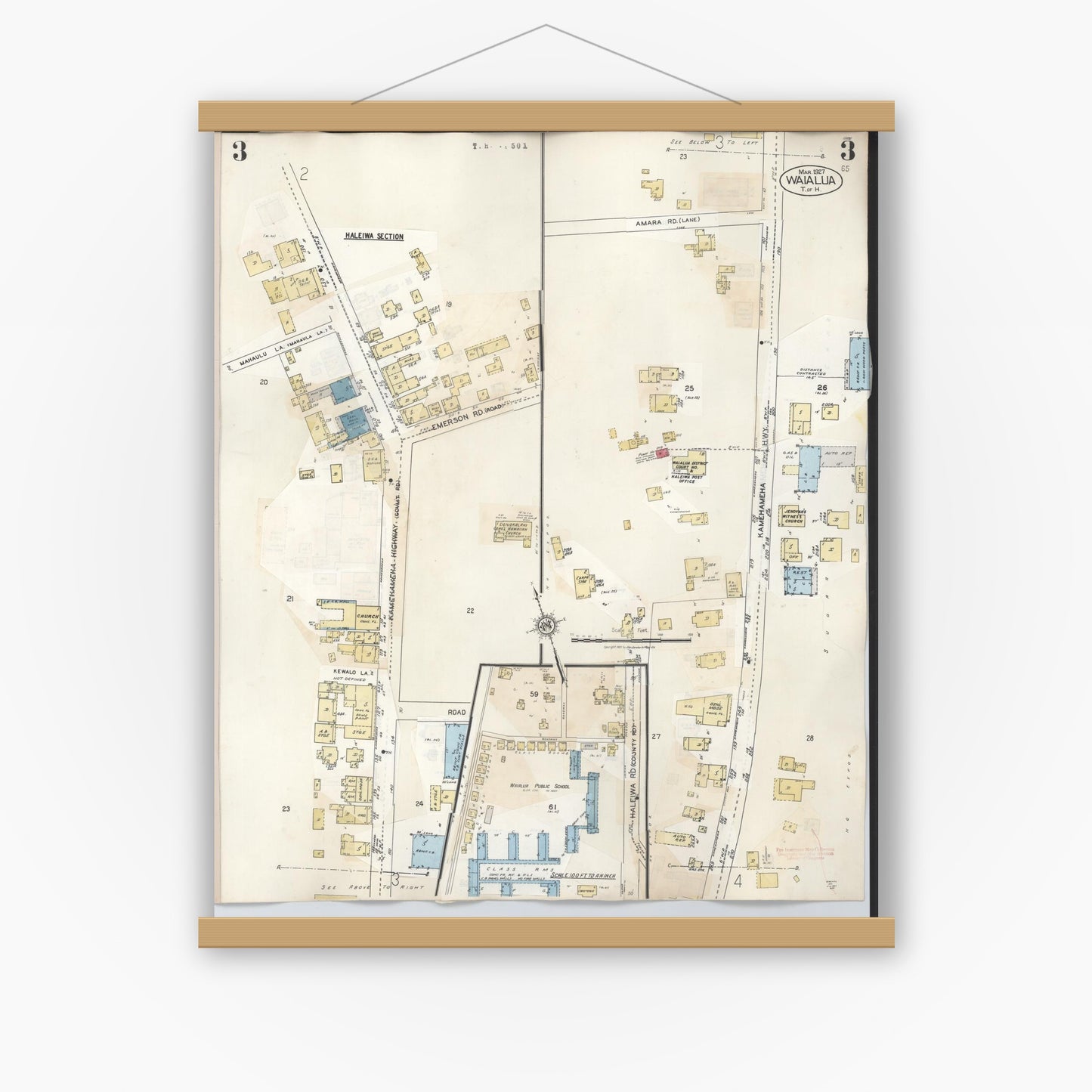 Old map wall art mockup — magnetic wood frame on white wall — Sanborn Fire Insurance Map from Waialua, Honolulu County, Hawaii (1957), Sheet #0003