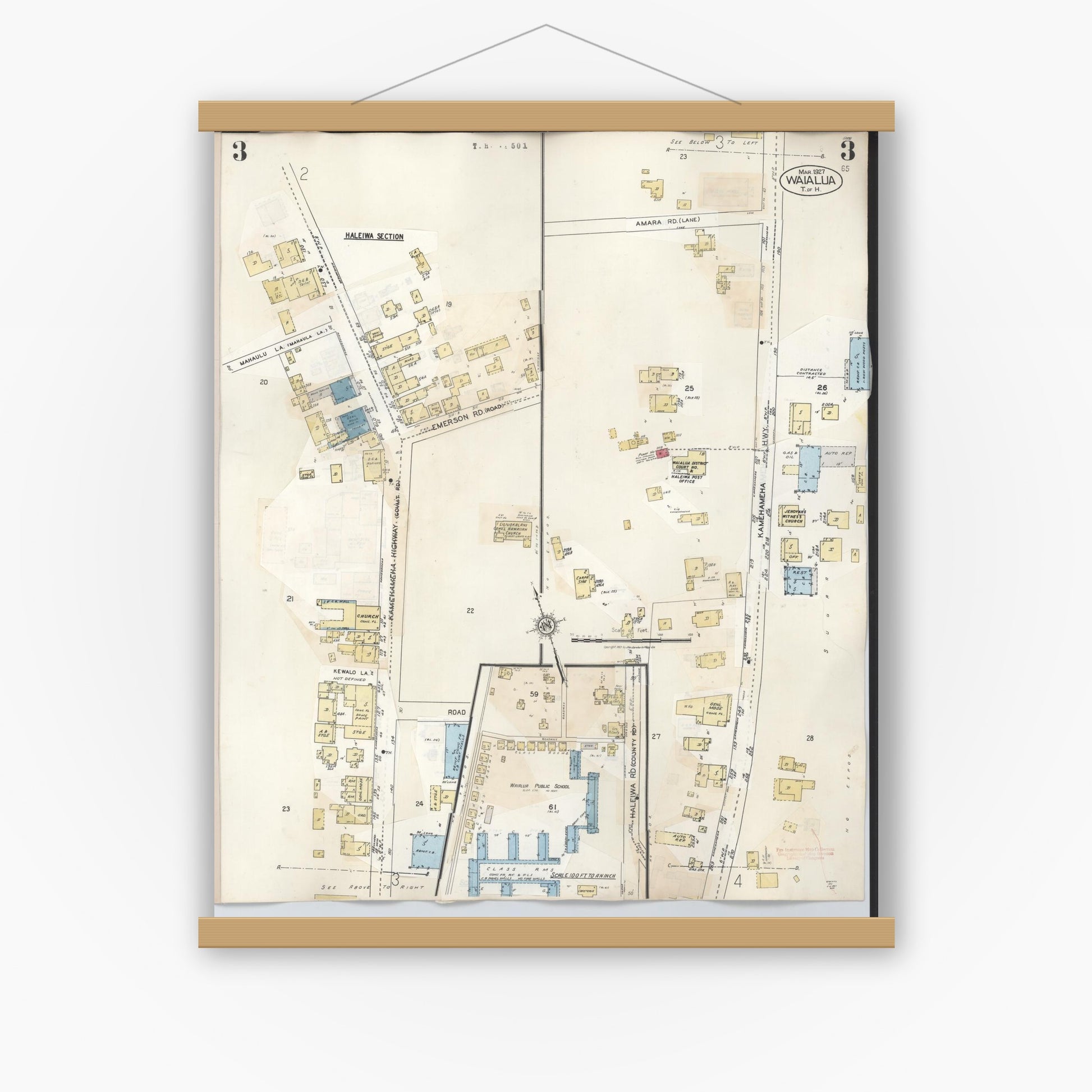 Old map wall art mockup — magnetic wood frame on white wall — Sanborn Fire Insurance Map from Waialua, Honolulu County, Hawaii (1957), Sheet #0003