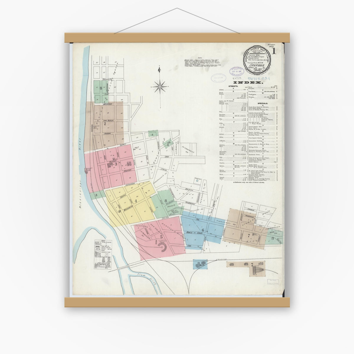 Old map wall art mockup — magnetic wood frame on white wall — Sanborn Fire Insurance Map from Savanna, Carroll County, Illinois (1897) - Complete Map Set