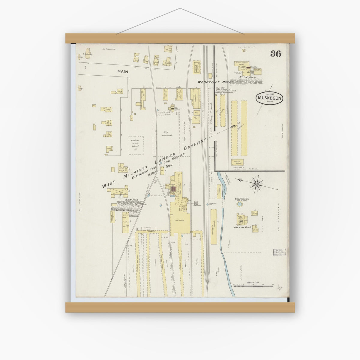 Old map wall art mockup — magnetic wood frame on white wall — Sanborn Fire Insurance Map from Muskegon, Muskegon County, Michigan (1887), Sheet #0036