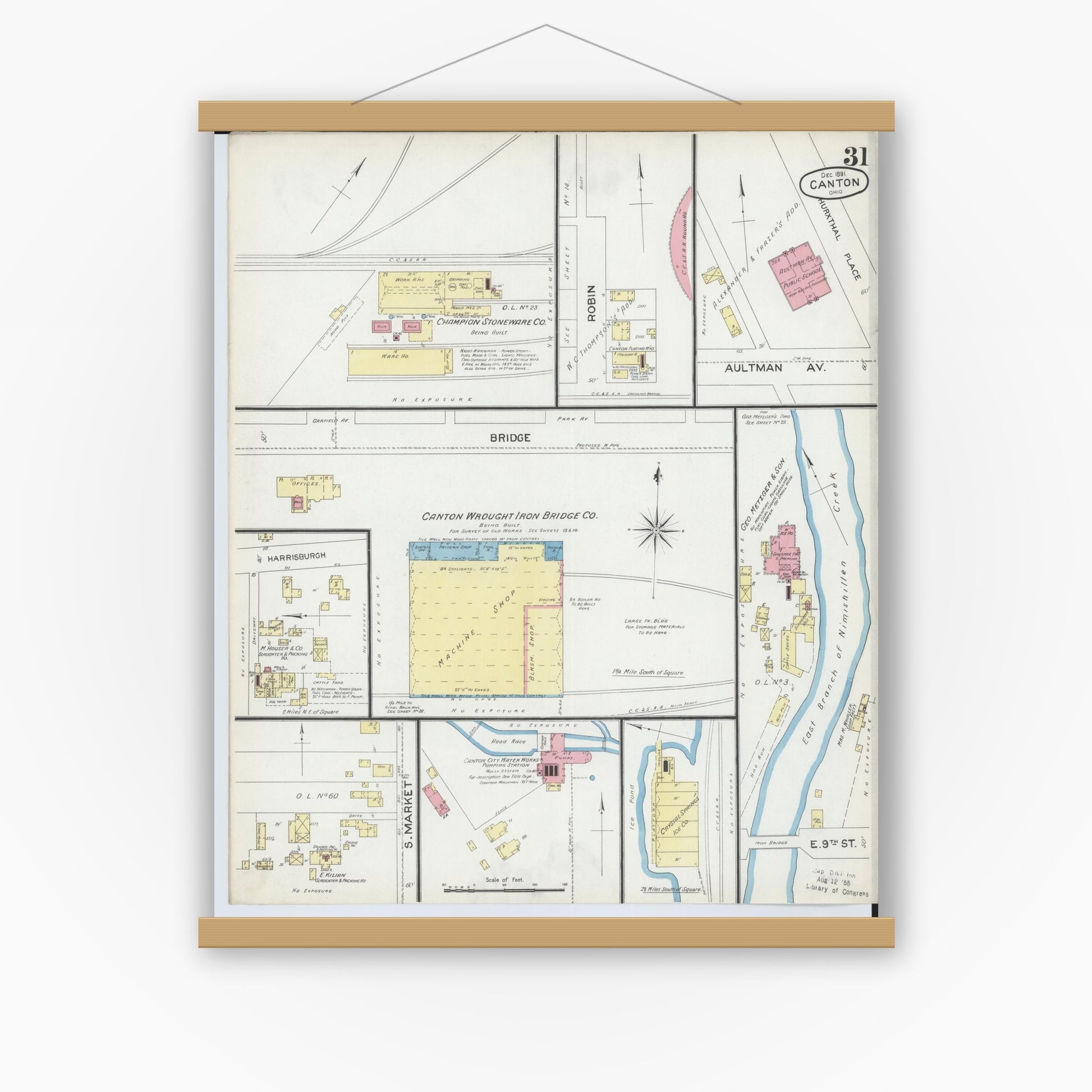 Old map wall art mockup — magnetic wood frame on white wall — Sanborn Fire Insurance Map from Canton, Stark County, Ohio (1891), Sheet #0031