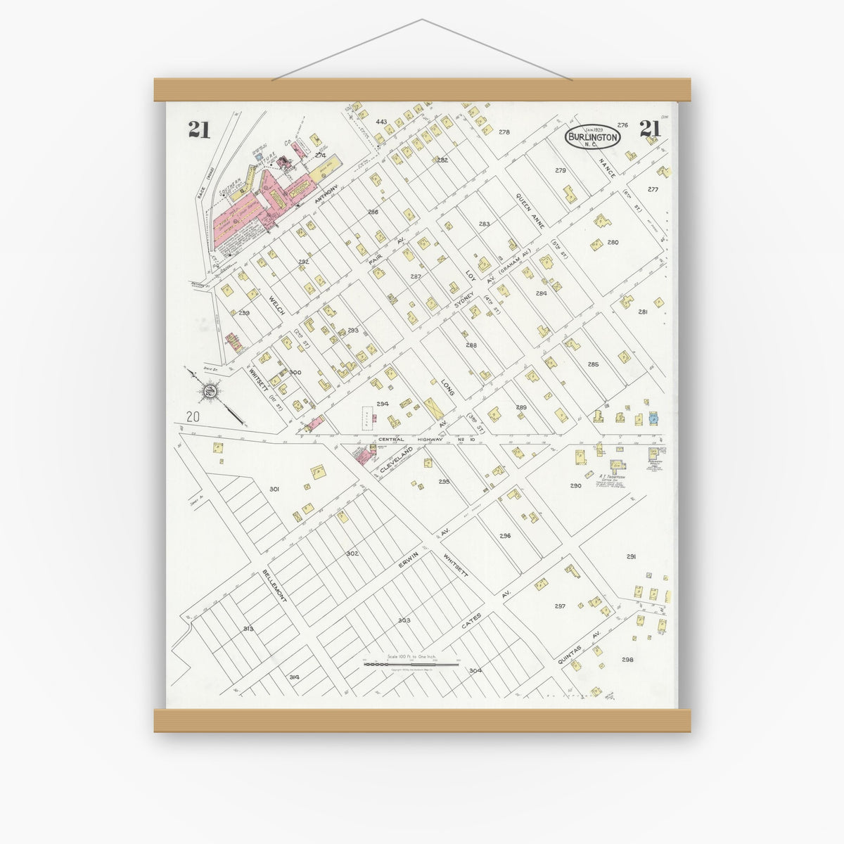 Old map wall art mockup — magnetic wood frame on white wall — Sanborn Fire Insurance Map from Burlington, Alamance County, North Carolina (1929), Sheet #0021