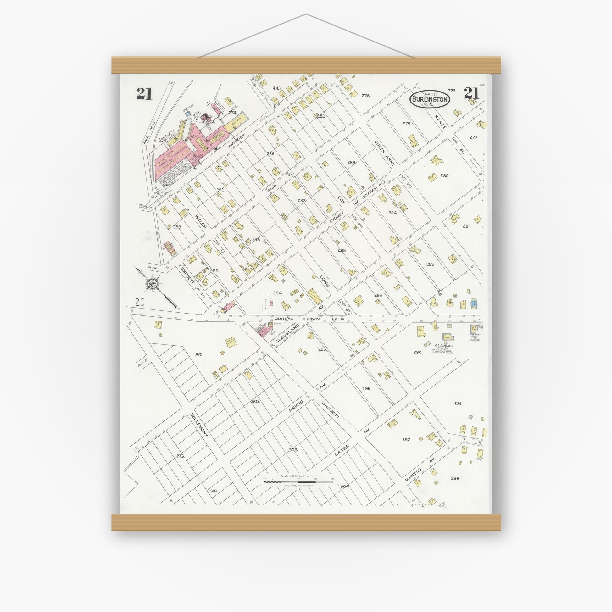 Old map wall art mockup — magnetic wood frame on white wall — Sanborn Fire Insurance Map from Burlington, Alamance County, North Carolina (1929), Sheet #0021