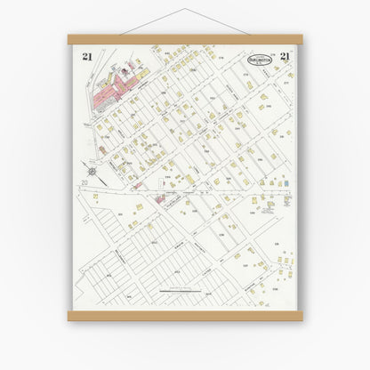 Old map wall art mockup — magnetic wood frame on white wall — Sanborn Fire Insurance Map from Burlington, Alamance County, North Carolina (1929), Sheet #0021