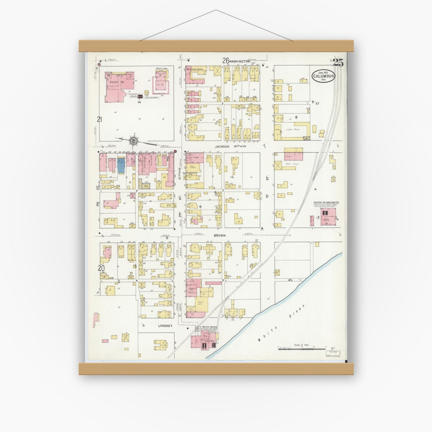 Old map wall art mockup — magnetic wood frame on white wall — Sanborn Fire Insurance Map from Columbus, Bartholomew County, Indiana (1912), Sheet #0025