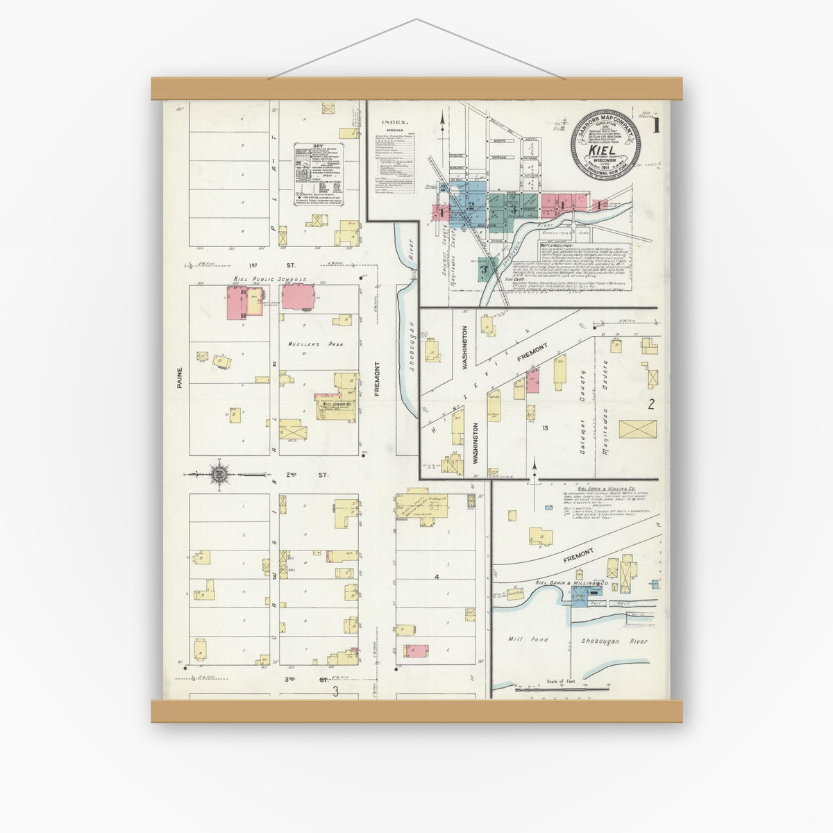 Old map wall art mockup — magnetic wood frame on white wall — Sanborn Fire Insurance Map from Kiel, Manitowoc and Calumet Counties, Wisconsin (1911) - Complete Map Set