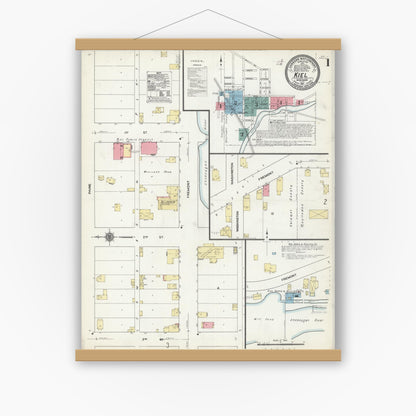 Old map wall art mockup — magnetic wood frame on white wall — Sanborn Fire Insurance Map from Kiel, Manitowoc and Calumet Counties, Wisconsin (1911) - Complete Map Set