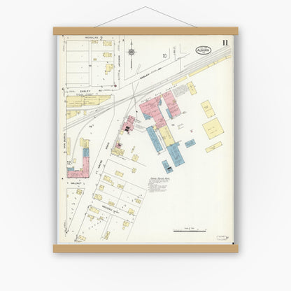 Old map wall art mockup — magnetic wood frame on white wall — Sanborn Fire Insurance Map from Auburn, De Kalb County, Indiana (1914), Sheet #0011