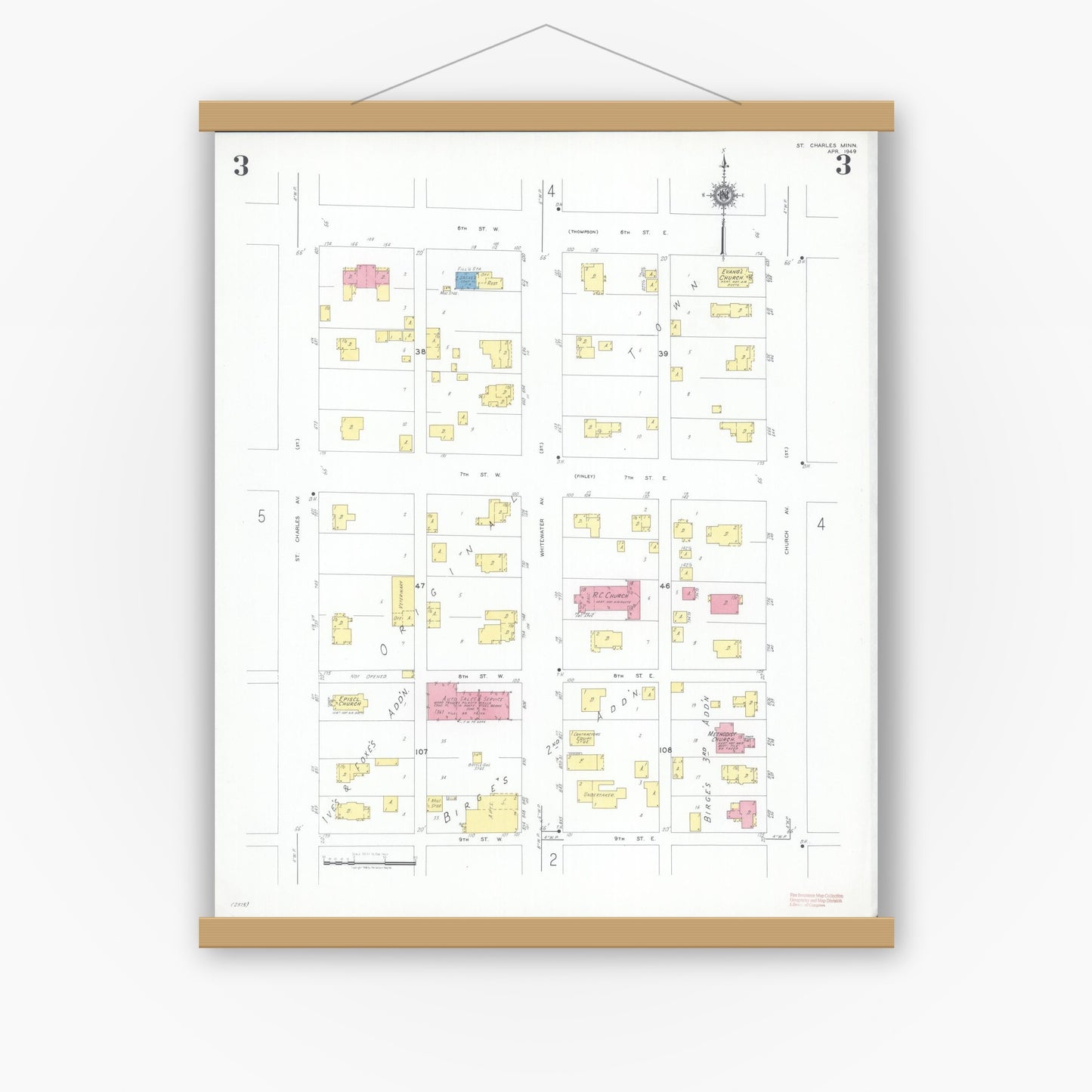Old map wall art mockup — magnetic wood frame on white wall — Sanborn Fire Insurance Map from Saint Charles, Winona County, Minnesota (1949), Sheet #0003