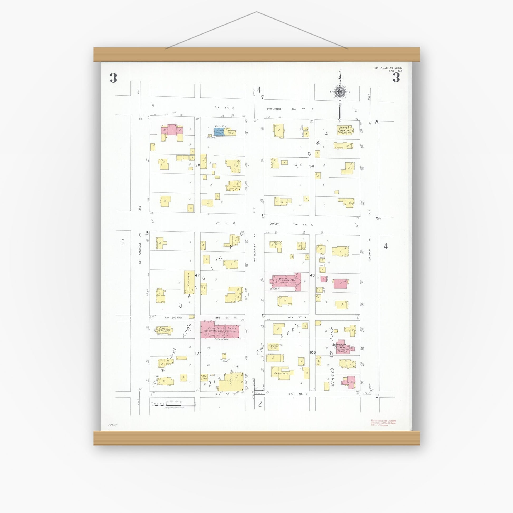 Old map wall art mockup — magnetic wood frame on white wall — Sanborn Fire Insurance Map from Saint Charles, Winona County, Minnesota (1949), Sheet #0003