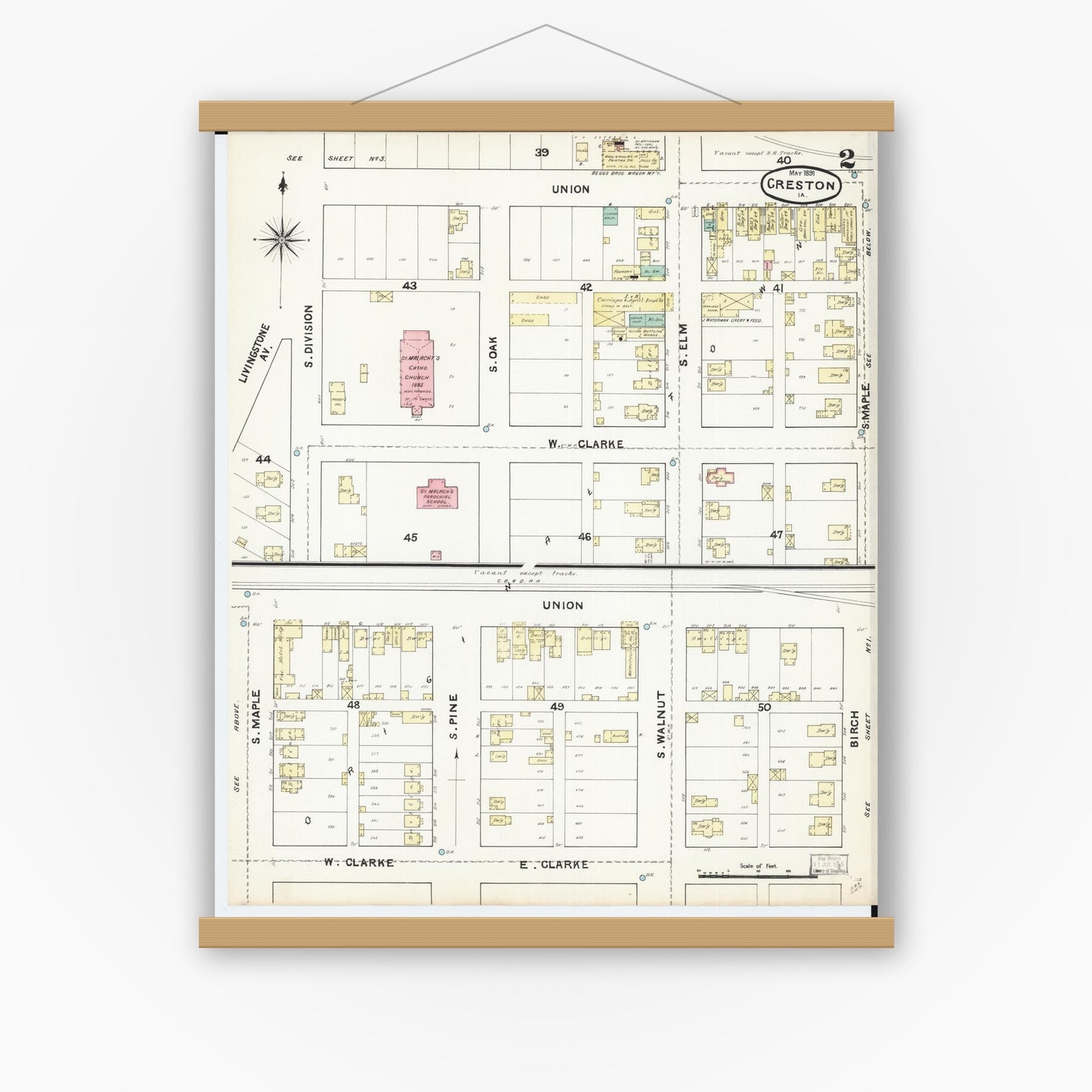 Old map wall art mockup — magnetic wood frame on white wall — Sanborn Fire Insurance Map from Creston, Union County, Iowa (1891), Sheet #0002