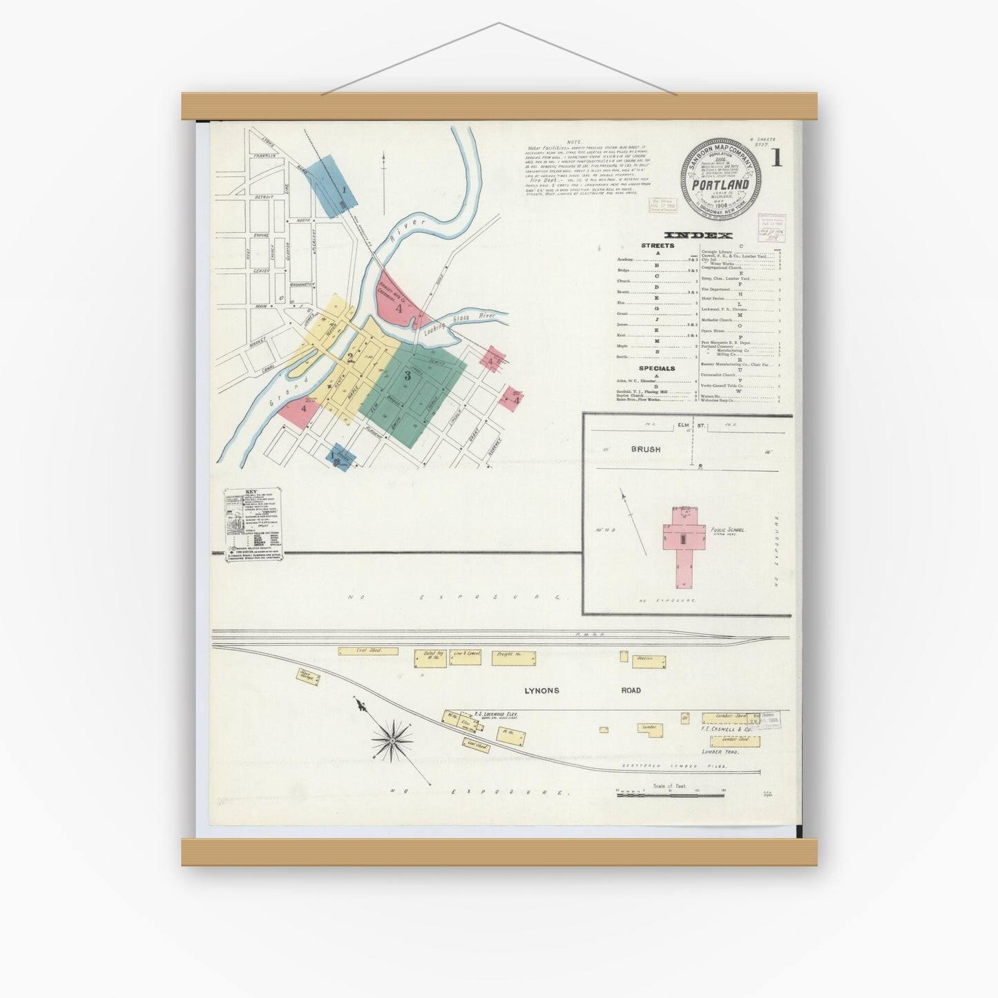 Old map wall art mockup — magnetic wood frame on white wall — Sanborn Fire Insurance Map from Portland, Ionia County, Michigan (1906) - Complete Map Set