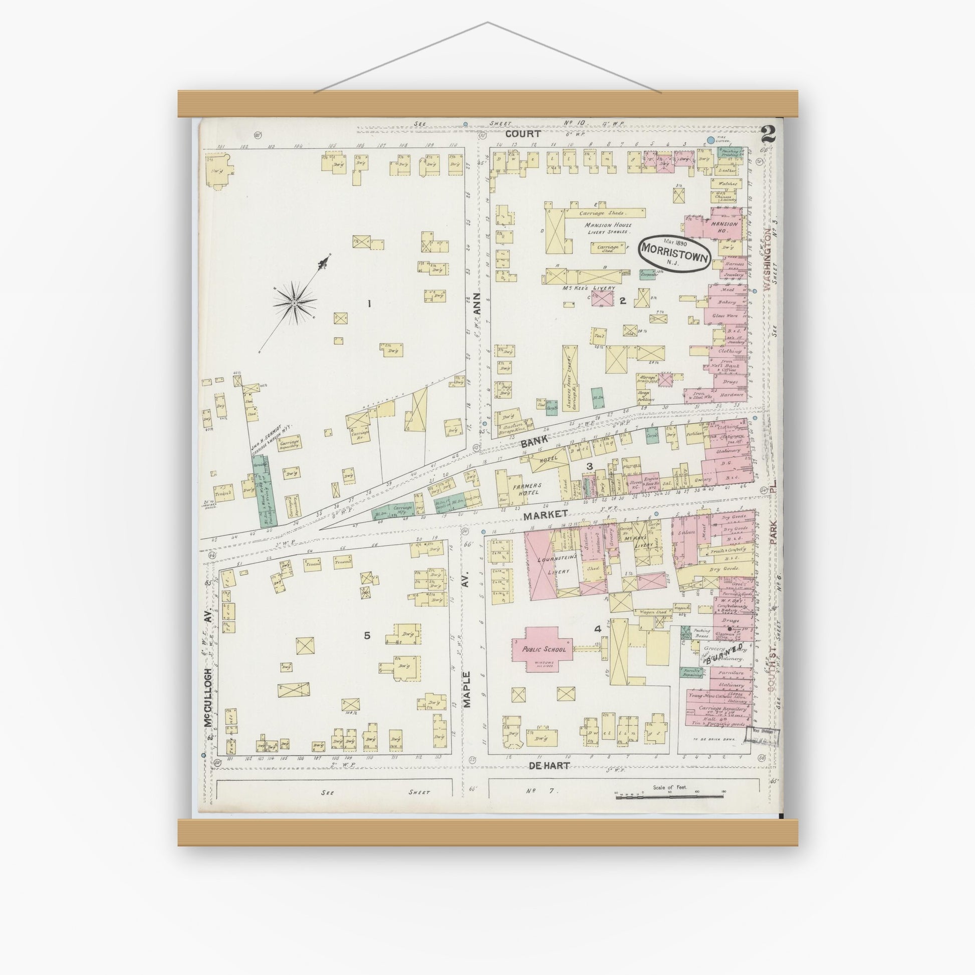 Old map wall art mockup — magnetic wood frame on white wall — Sanborn Fire Insurance Map from Morristown, Morris County, New Jersey (1890), Sheet #0002