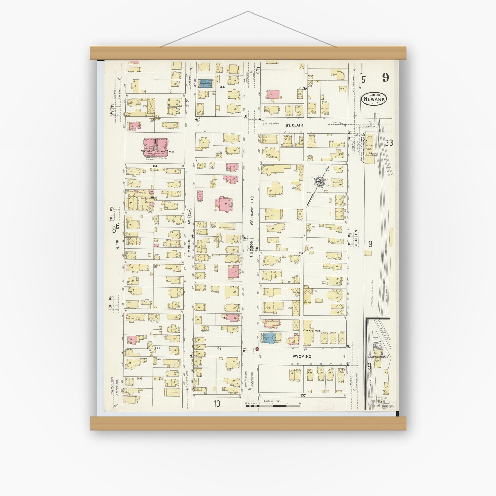 Old map wall art mockup — magnetic wood frame on white wall — Sanborn Fire Insurance Map from Newark, Licking County, Ohio (1912), Sheet #0009