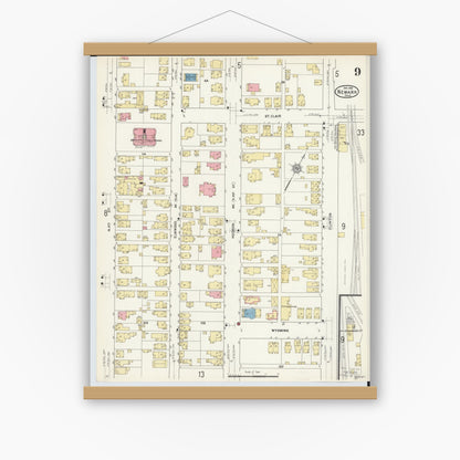 Old map wall art mockup — magnetic wood frame on white wall — Sanborn Fire Insurance Map from Newark, Licking County, Ohio (1912), Sheet #0009