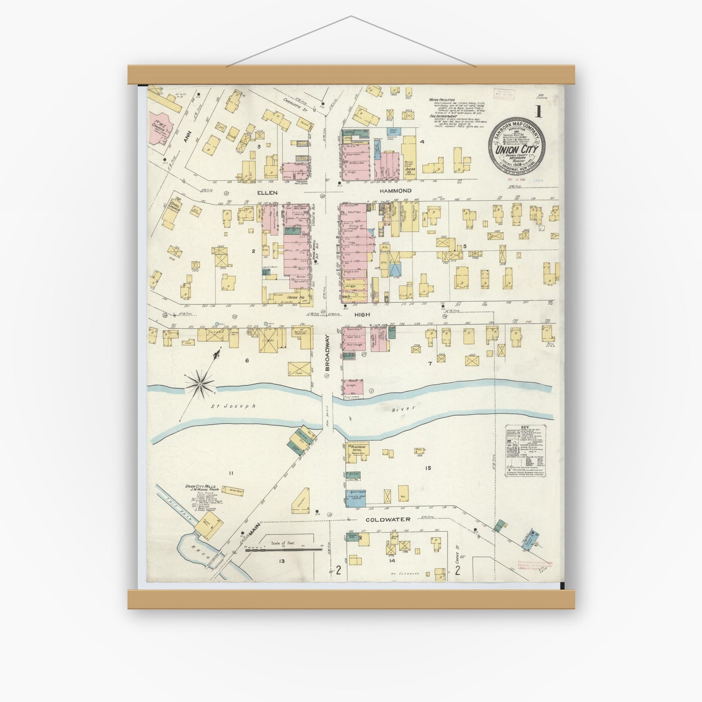 Old map wall art mockup — magnetic wood frame on white wall — Sanborn Fire Insurance Map from Union City, Branch And Calhoun Counties, Michigan (1909) - Complete Map Set