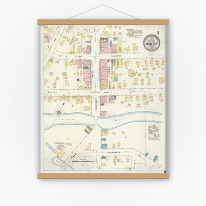 Old map wall art mockup — magnetic wood frame on white wall — Sanborn Fire Insurance Map from Union City, Branch And Calhoun Counties, Michigan (1909) - Complete Map Set