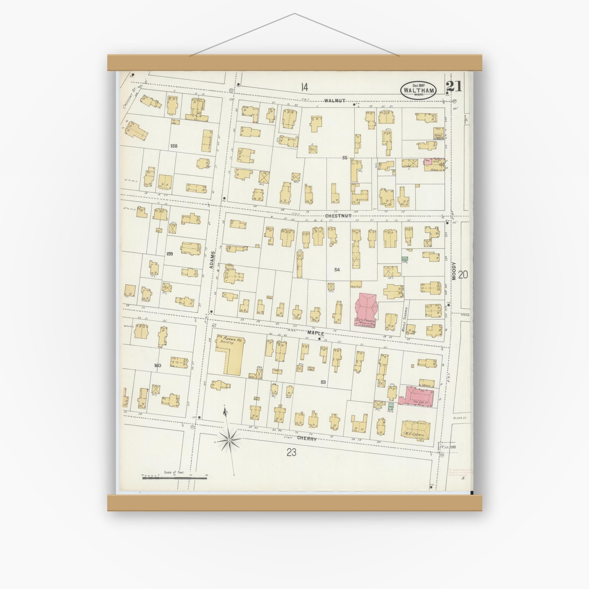 Old map wall art mockup — magnetic wood frame on white wall — Sanborn Fire Insurance Map from Waltham, Middlesex County, Massachusetts (1897), Sheet #0021