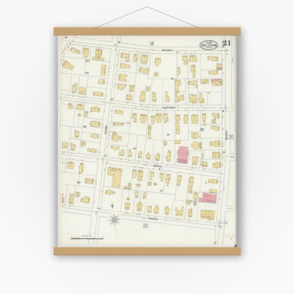 Old map wall art mockup — magnetic wood frame on white wall — Sanborn Fire Insurance Map from Waltham, Middlesex County, Massachusetts (1897), Sheet #0021