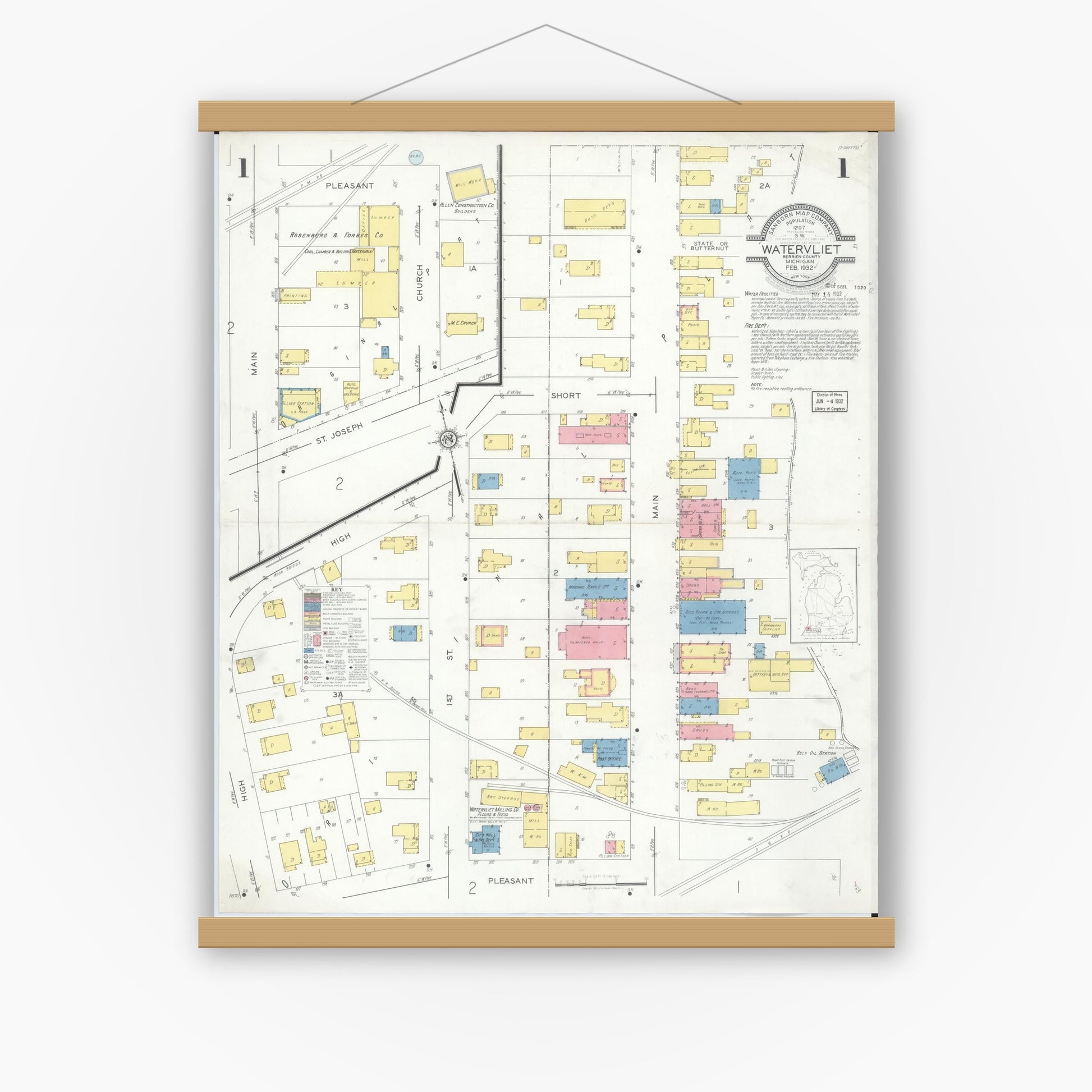 Old map wall art mockup — magnetic wood frame on white wall — Sanborn Fire Insurance Map from Watervliet, Berrien County, Michigan (1932) - Complete Map Set