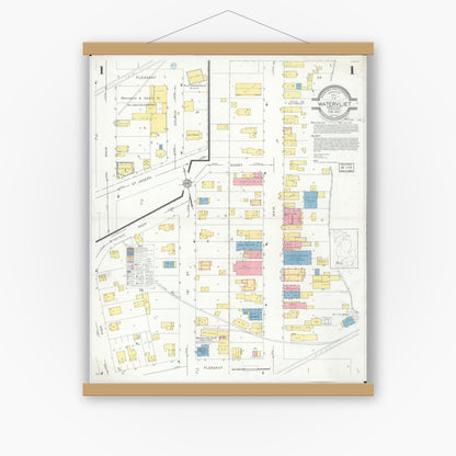 Old map wall art mockup — magnetic wood frame on white wall — Sanborn Fire Insurance Map from Watervliet, Berrien County, Michigan (1932) - Complete Map Set