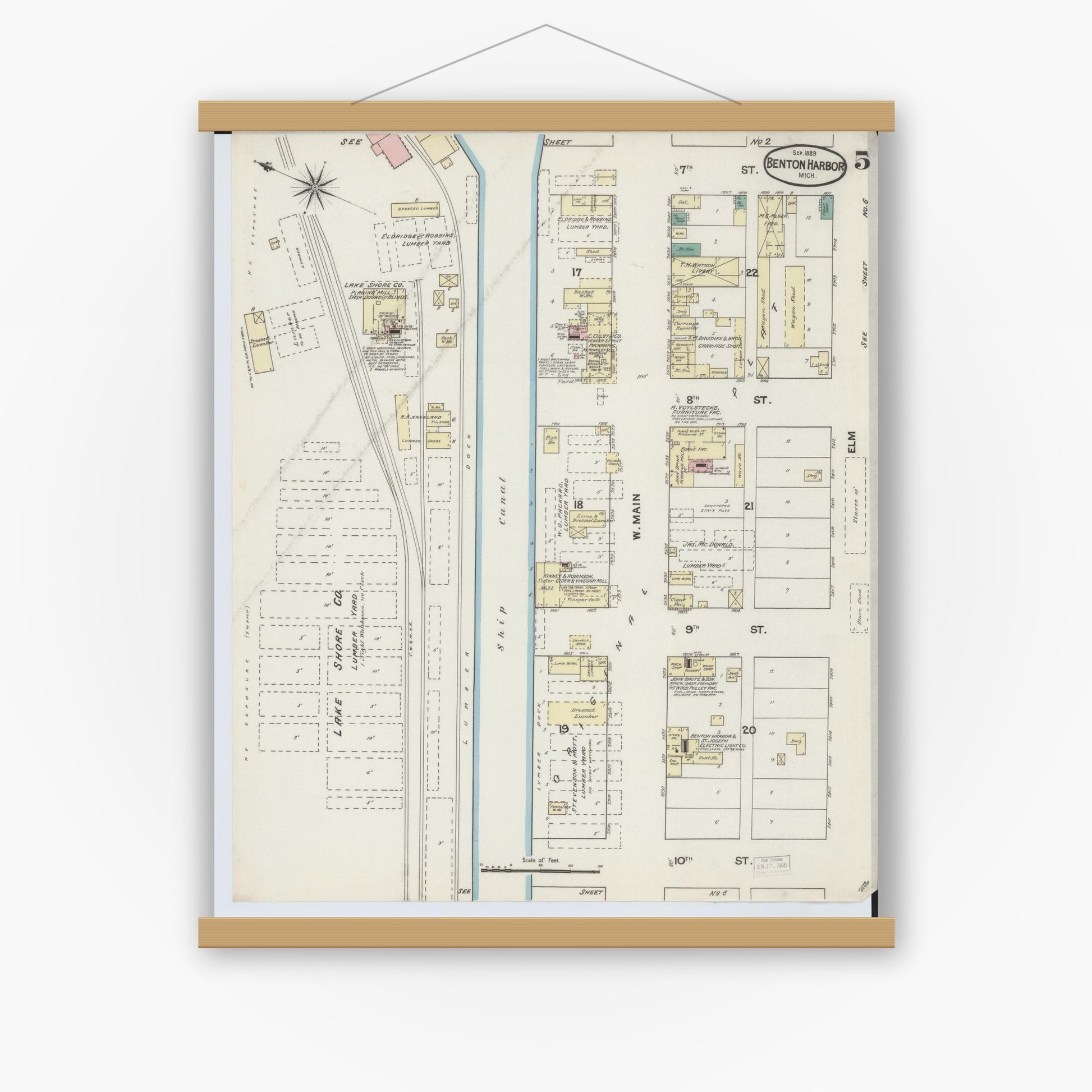Old map wall art mockup — magnetic wood frame on white wall — Sanborn Fire Insurance Map from Benton Harbor, Berrien County, Michigan (1889), Sheet #0005