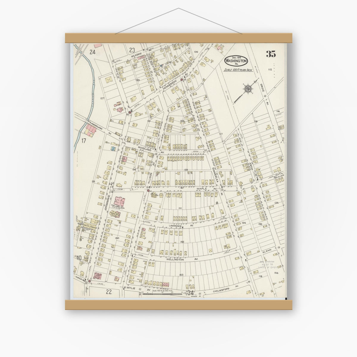 Old map wall art mockup — magnetic wood frame on white wall — Sanborn Fire Insurance Map from Washington, Washington County, Pennsylvania (1914), Sheet #0035
