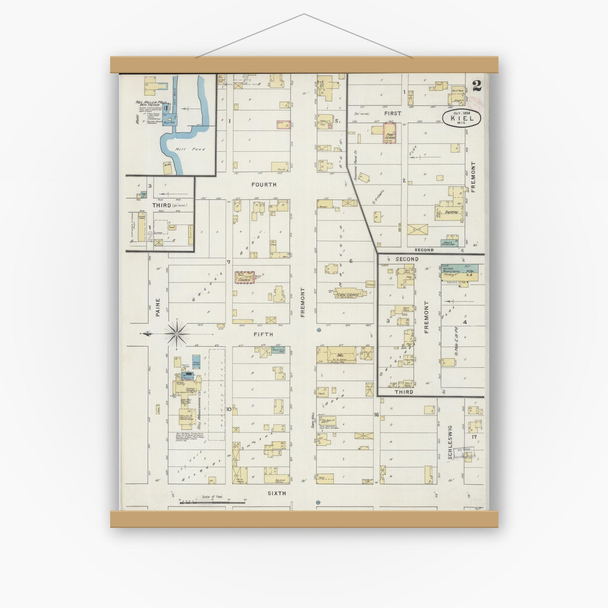 Old map wall art mockup — magnetic wood frame on white wall — Sanborn Fire Insurance Map from Kiel, Manitowoc and Calumet Counties, Wisconsin (1894) - Complete Map Set
