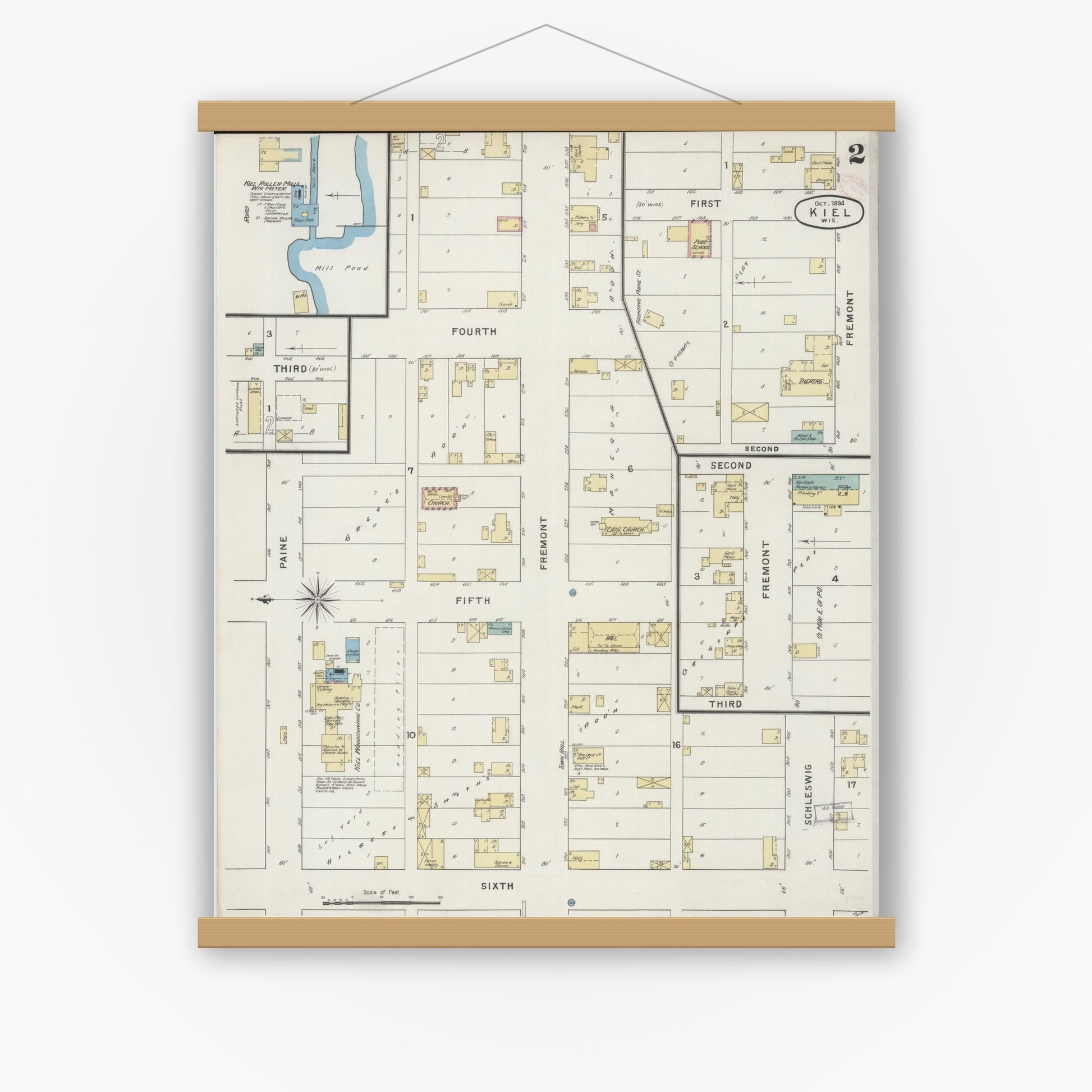 Old map wall art mockup — magnetic wood frame on white wall — Sanborn Fire Insurance Map from Kiel, Manitowoc and Calumet Counties, Wisconsin (1894) - Complete Map Set