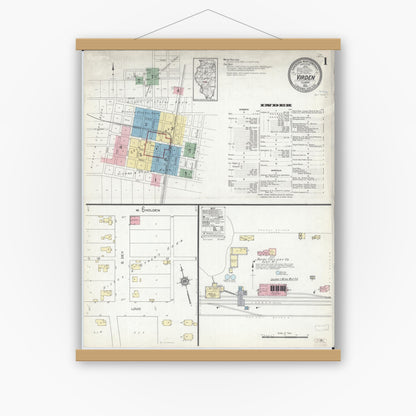Old map wall art mockup — magnetic wood frame on white wall — Sanborn Fire Insurance Map from Virden, Macoupin County, Illinois (1914), Sheet #0001