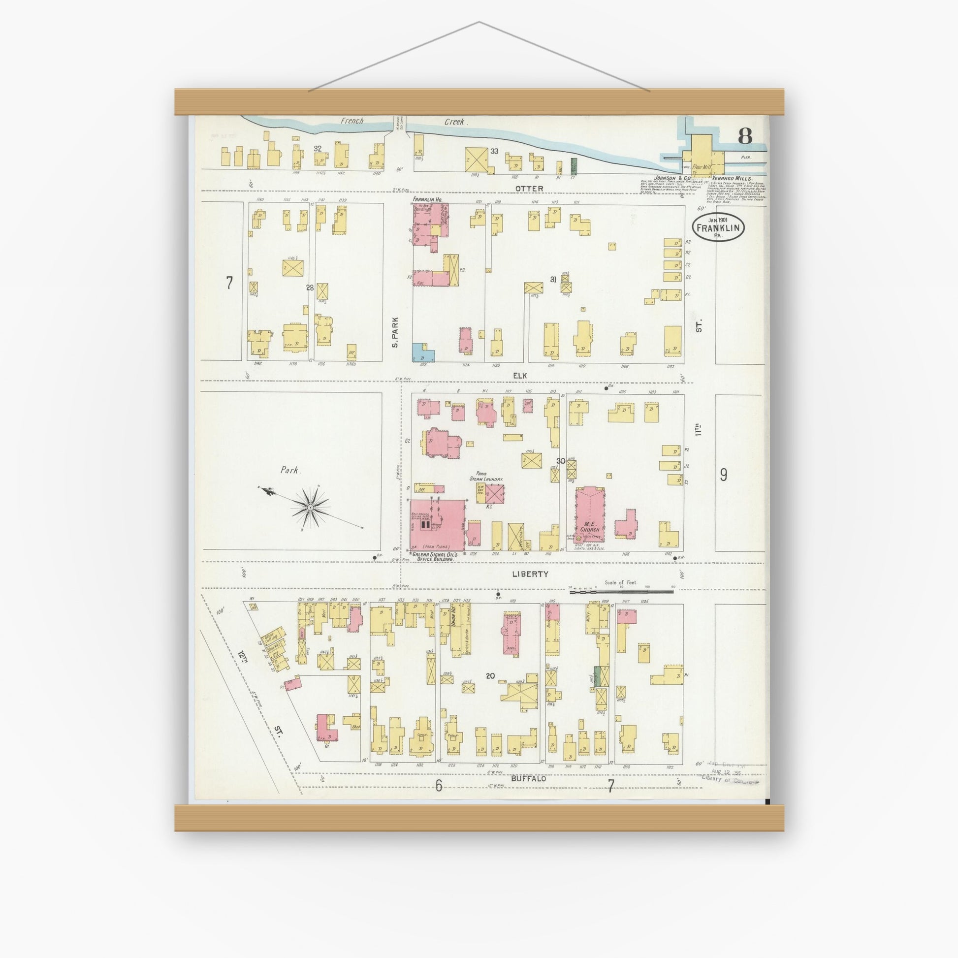 Old map wall art mockup — magnetic wood frame on white wall — Sanborn Fire Insurance Map from Franklin, Venango County, Pennsylvania (1901), Sheet #0008