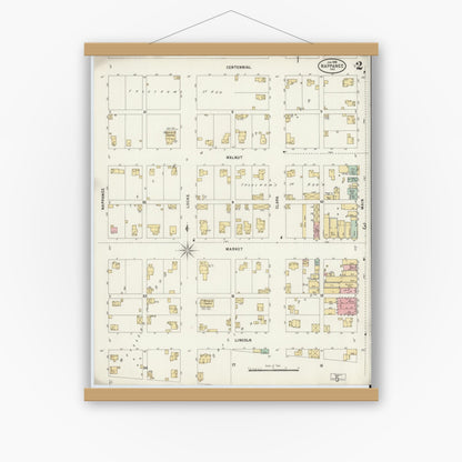 Old map wall art mockup — magnetic wood frame on white wall — Sanborn Fire Insurance Map from Nappanee, Elkhart County, Indiana (1898), Sheet #0002