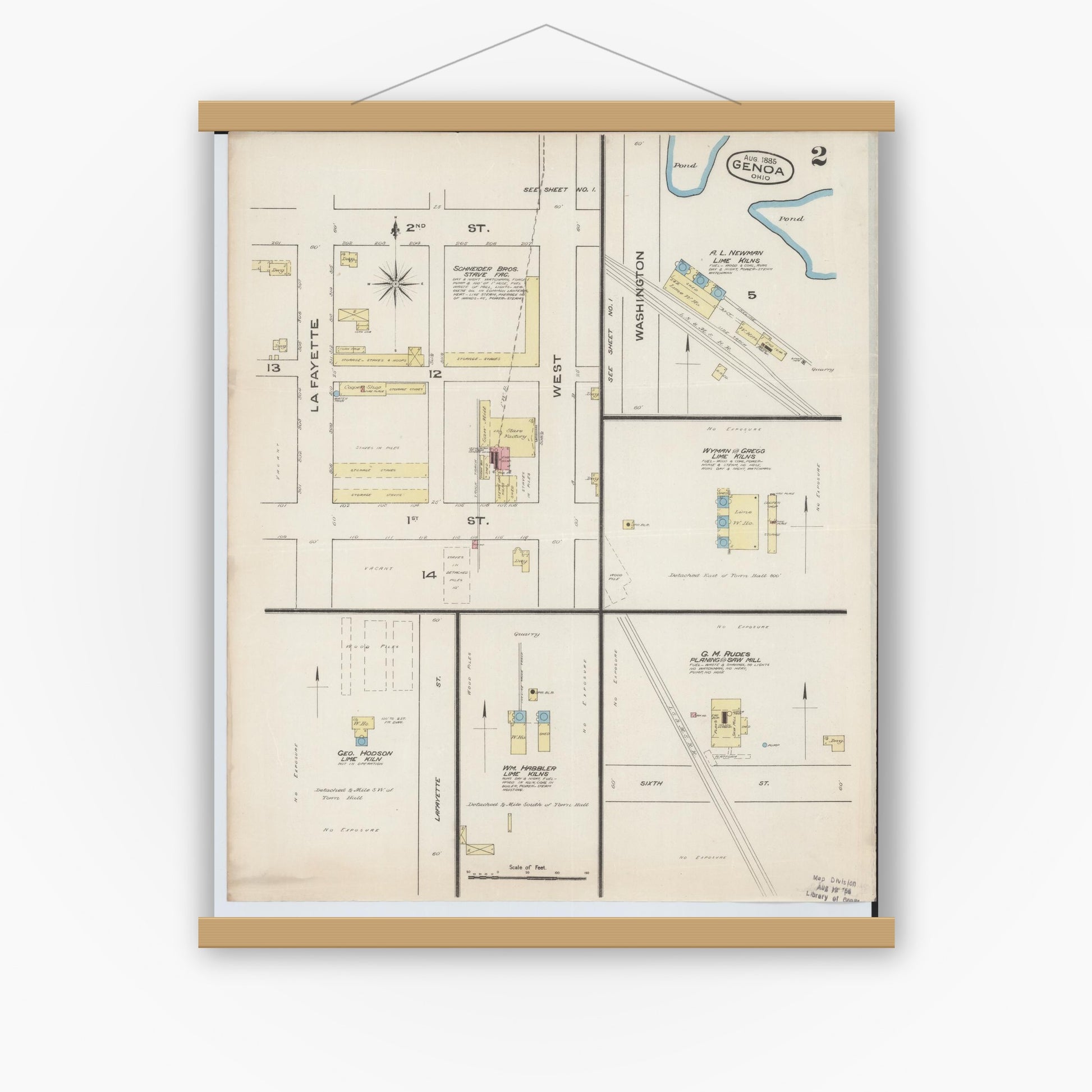 Old map wall art mockup — magnetic wood frame on white wall — Sanborn Fire Insurance Map from Genoa, Ottawa County, Ohio (1885), Sheet #0002