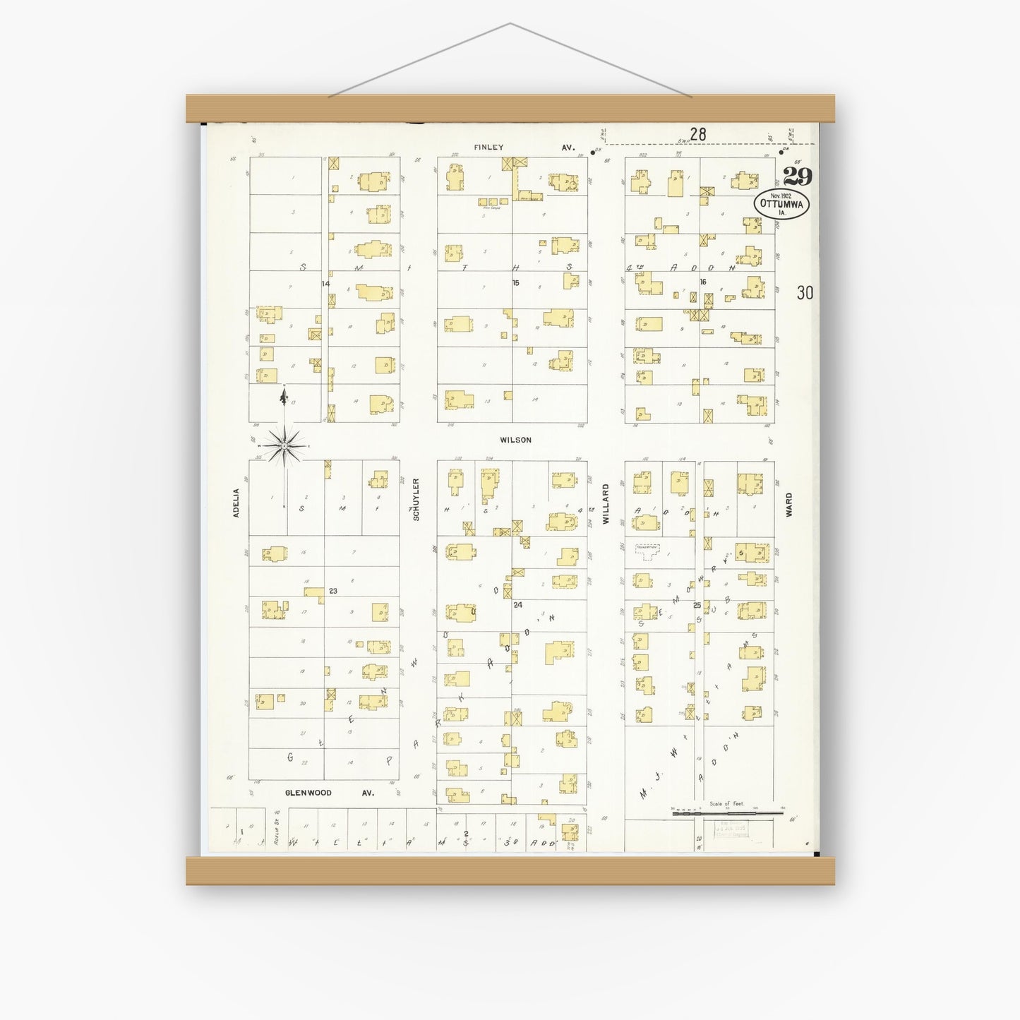 Old map wall art mockup — magnetic wood frame on white wall — Sanborn Fire Insurance Map from Ottumwa, Wapello County, Iowa (1902), Sheet #0029