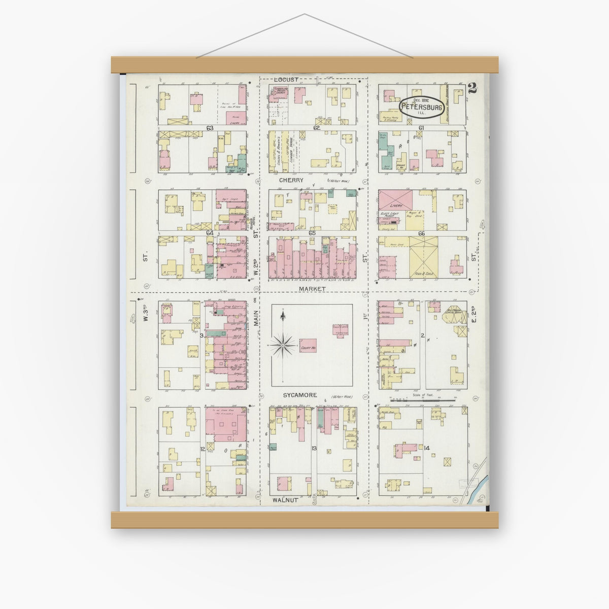 Old map wall art mockup — magnetic wood frame on white wall — Sanborn Fire Insurance Map from Petersburg, Menard County, Illinois (1892), Sheet #0002