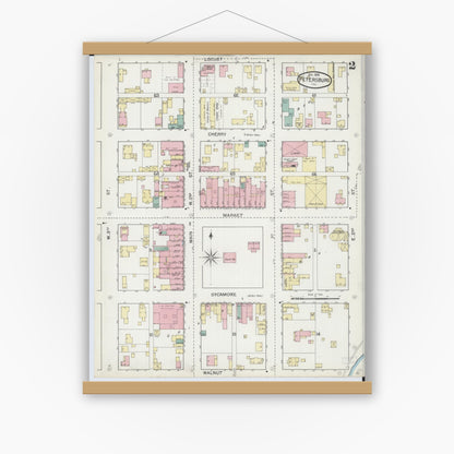 Old map wall art mockup — magnetic wood frame on white wall — Sanborn Fire Insurance Map from Petersburg, Menard County, Illinois (1892), Sheet #0002