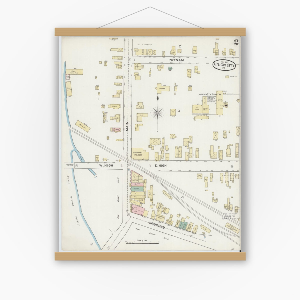 Old map wall art mockup — magnetic wood frame on white wall — Sanborn Fire Insurance Map from Union City, Erie County, Pennsylvania (1887), Sheet #0002