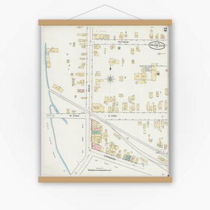 Old map wall art mockup — magnetic wood frame on white wall — Sanborn Fire Insurance Map from Union City, Erie County, Pennsylvania (1887), Sheet #0002