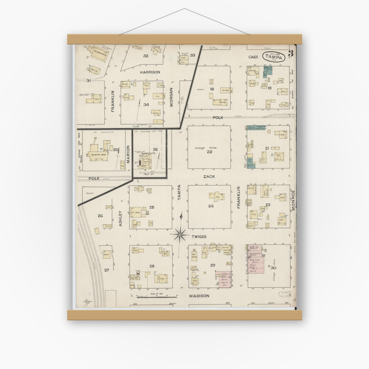 Old map wall art mockup — magnetic wood frame on white wall — Sanborn Fire Insurance Map from Tampa, Hillsborough County, Florida (1887), Sheet #0003