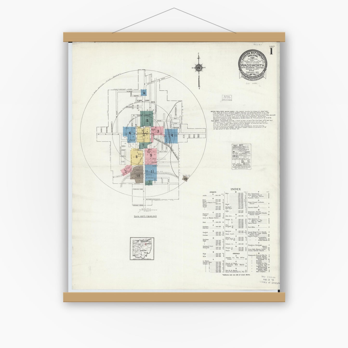 Old map wall art mockup — magnetic wood frame on white wall — Sanborn Fire Insurance Map from Wadsworth, Medina County, Ohio (1923) - Complete Map Set