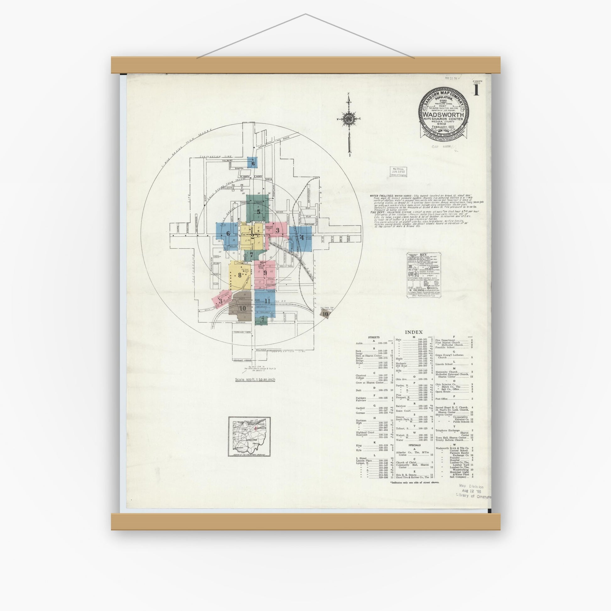 Old map wall art mockup — magnetic wood frame on white wall — Sanborn Fire Insurance Map from Wadsworth, Medina County, Ohio (1923) - Complete Map Set